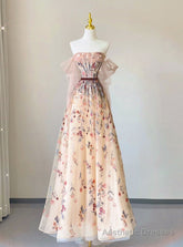 Champagne Tulle Emboidery Flower Prom Dress